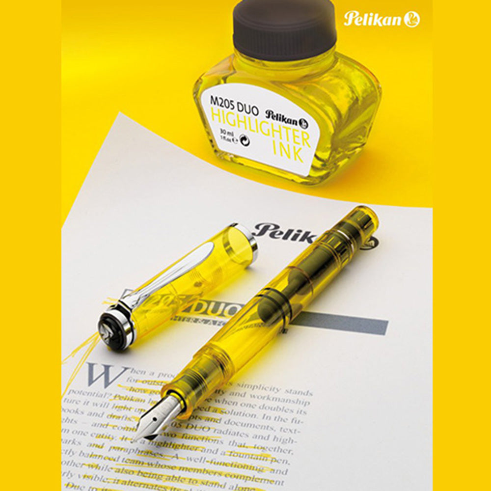 Pelikan Classic DUO Highlighter Yellow Fountain Pen M205 with Ink Bottle – Double Broad Nib