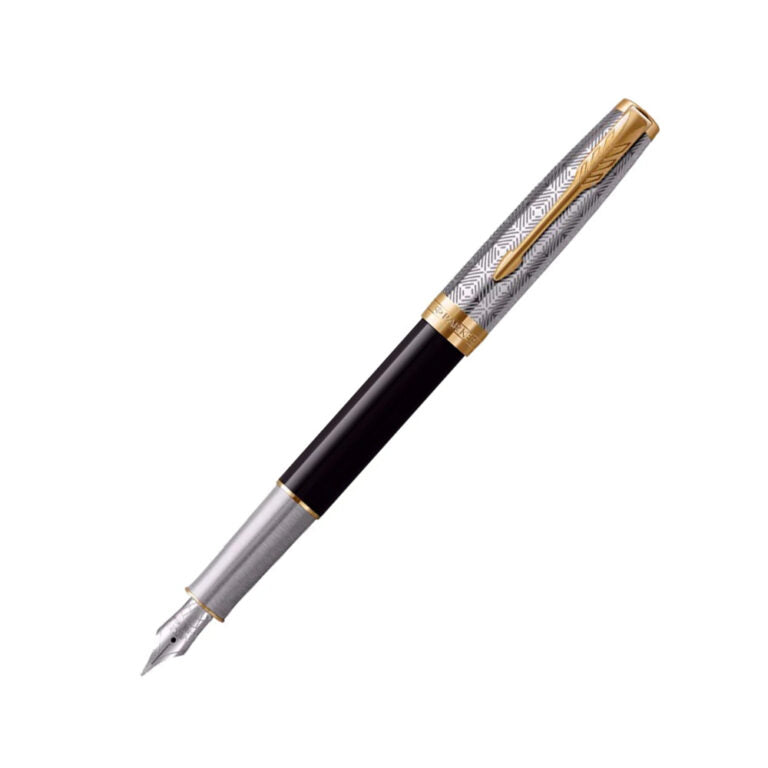 Parker Sonnet Metal & Black Lacquer Gold Trim Fountain Pen – 18Kt Gold Fine
