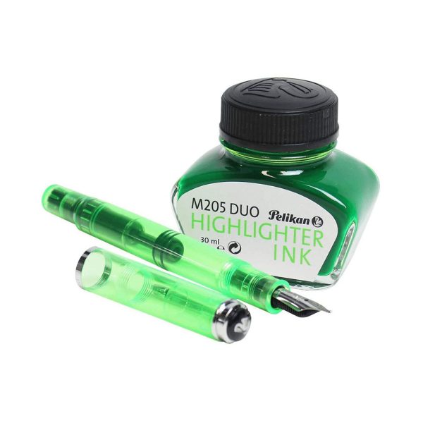 Pelikan Classic DUO Highlighter Shiny Green Fountain Pen M205 with Ink Bottle – Double Broad Nib
