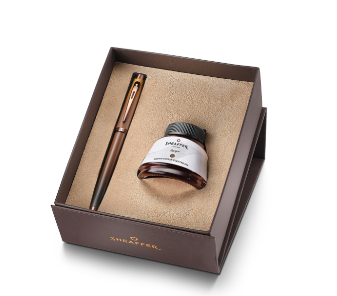 Sheaffer Gift Set 100 9374 Coffee Edition Fountain Pen (Medium) with Regal Brown PVD Trims and Coffee Scented Skrip Ink (50 ml)