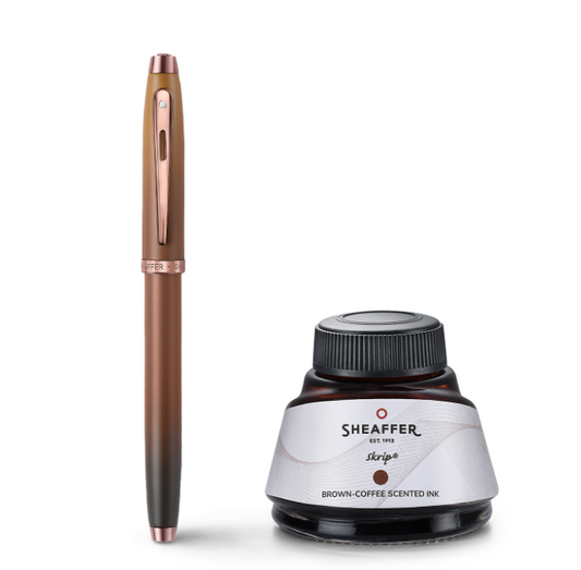 Sheaffer Gift Set 100 9374 Coffee Edition Fountain Pen (Medium) with Regal Brown PVD Trims and Coffee Scented Skrip Ink (50 ml)