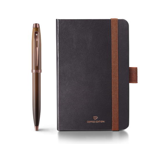 Sheaffer 100 Gift Set 9374 Coffee Edition Ballpoint Pen with Regal Brown PVD Trims and Small Notebook - Matt Brown