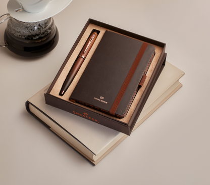 Sheaffer 100 Gift Set 9374 Coffee Edition Ballpoint Pen with Regal Brown PVD Trims and Small Notebook - Matt Brown