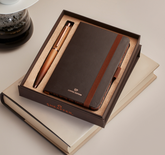 Sheaffer VFM Gift Set 9428 Coffee Edition Ballpoint Pen with Regal Brown PVD Trims and Small Notebook - Matt Brown