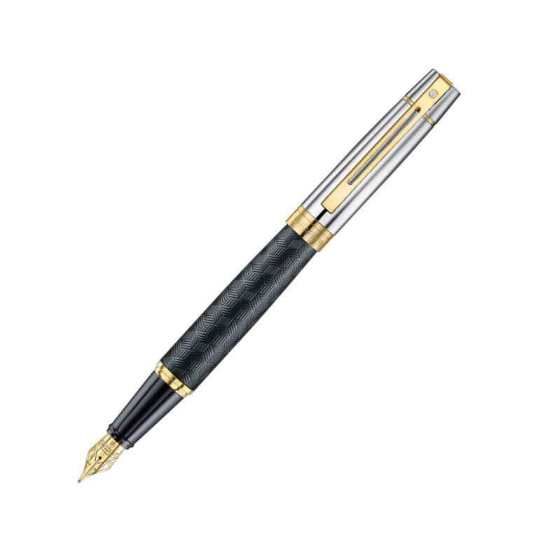 Sheaffer 300 9347 Engraved Matte Black and Chrome Cap with PVD Gold Trim Fine Nib Fountain Pen
